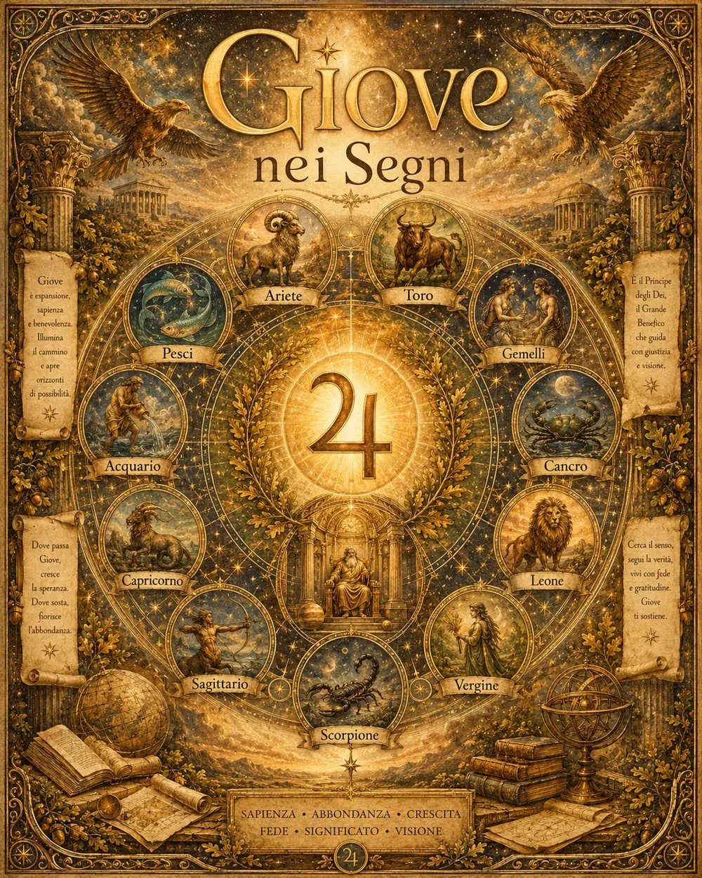 Ruota zodiacale illustrata di Giove nei dodici segni, con i simboli astrologici e le parole chiave di ogni segno