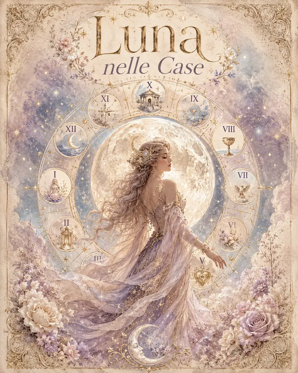 Ruota astrologica illustrata della Luna nelle dodici case del tema natale, con i numeri romani e le parole chiave di ogni casa