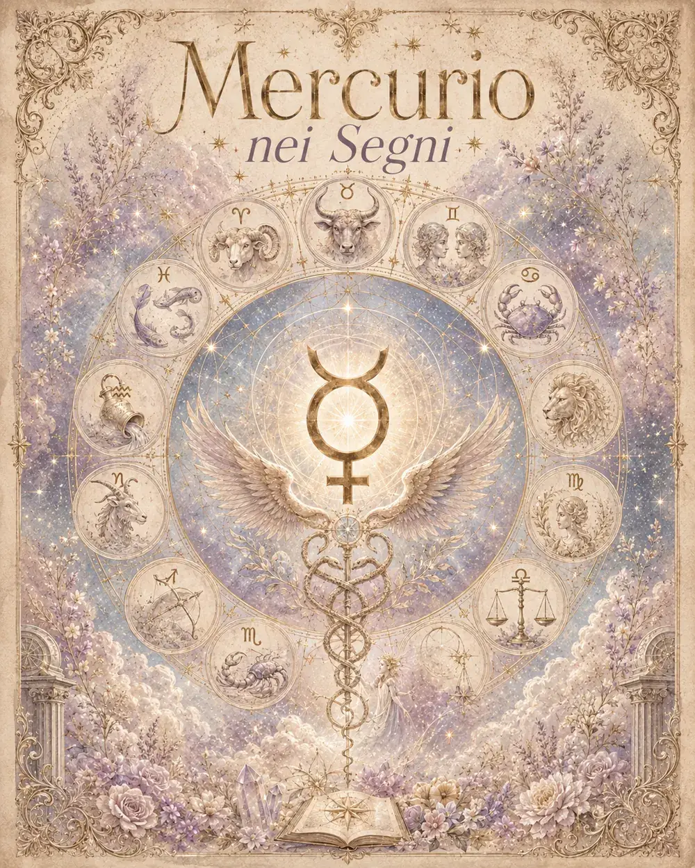 Ruota zodiacale illustrata di Mercurio nei dodici segni, con i simboli astrologici e le parole chiave di ogni segno