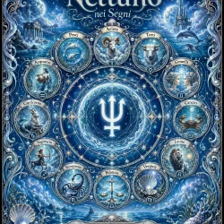 Ruota zodiacale illustrata di Nettuno nei dodici segni, con i simboli astrologici e le parole chiave di ogni segno