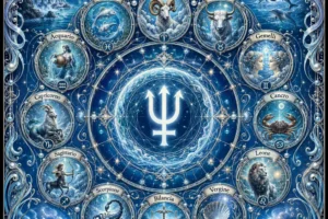 Ruota zodiacale illustrata di Nettuno nei dodici segni, con i simboli astrologici e le parole chiave di ogni segno