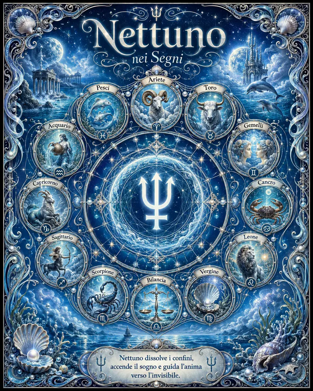 Ruota zodiacale illustrata di Nettuno nei dodici segni, con i simboli astrologici e le parole chiave di ogni segno