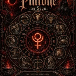 Ruota zodiacale illustrata di Plutone nei dodici segni, con i simboli astrologici e le parole chiave di ogni segno