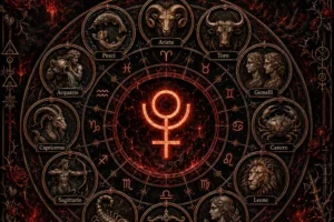 Ruota zodiacale illustrata di Plutone nei dodici segni, con i simboli astrologici e le parole chiave di ogni segno