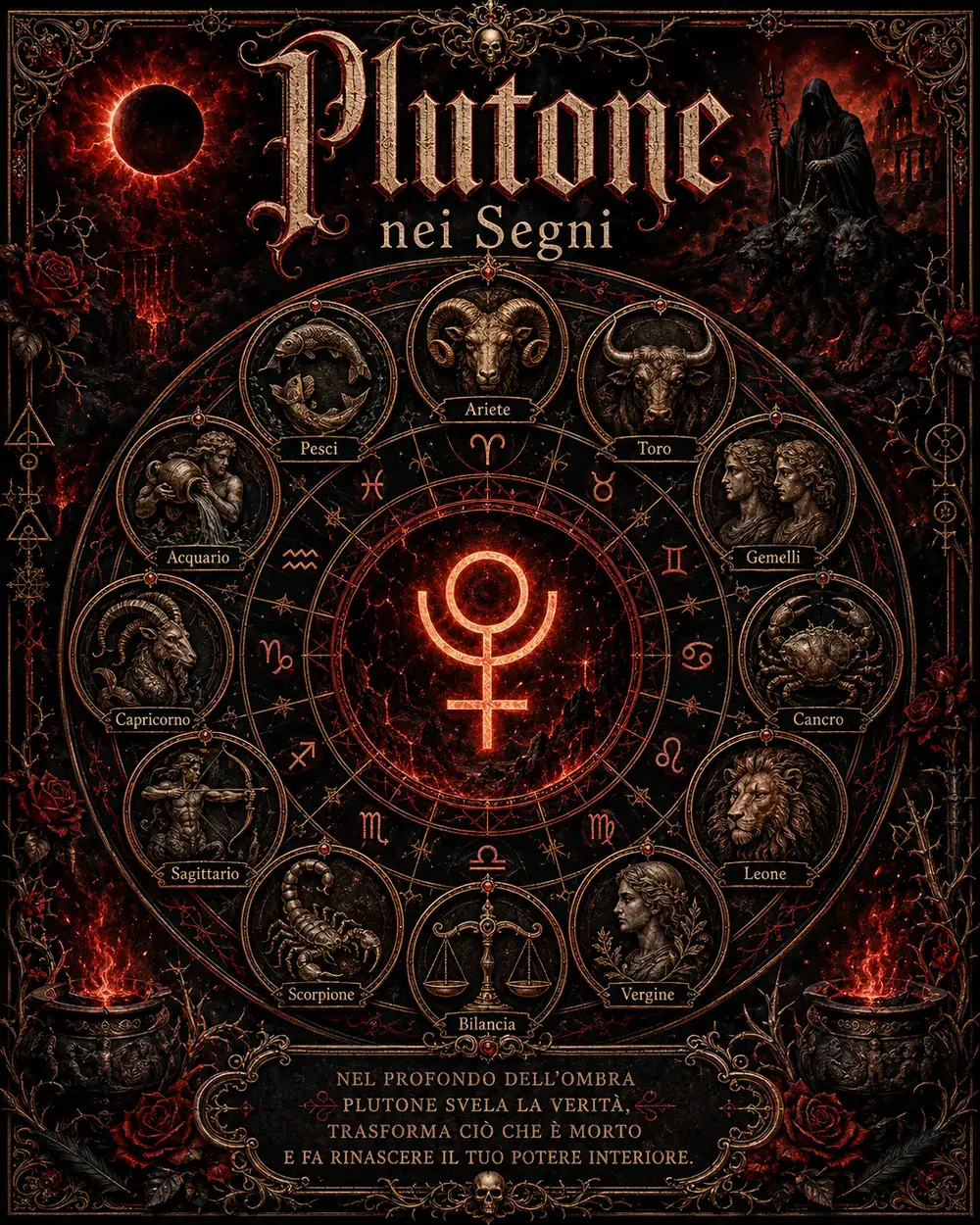 Ruota zodiacale illustrata di Plutone nei dodici segni, con i simboli astrologici e le parole chiave di ogni segno