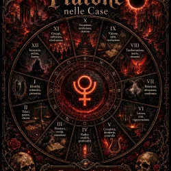 Ruota astrologica illustrata di Plutone nelle dodici case del tema natale, con i numeri romani e le parole chiave di ogni casa