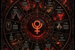 Ruota astrologica illustrata di Plutone nelle dodici case del tema natale, con i numeri romani e le parole chiave di ogni casa