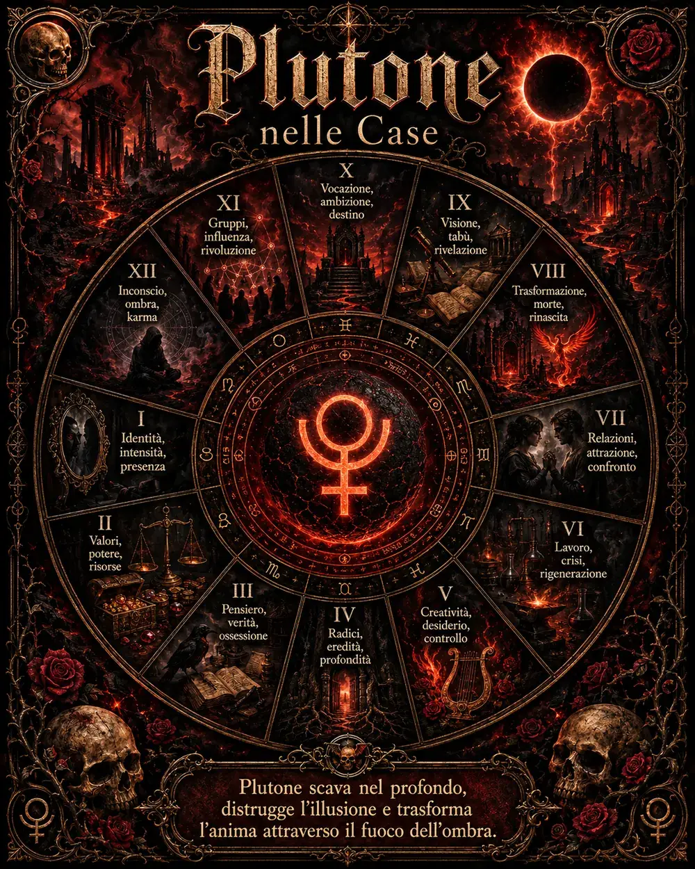 Ruota astrologica illustrata di Plutone nelle dodici case del tema natale, con i numeri romani e le parole chiave di ogni casa