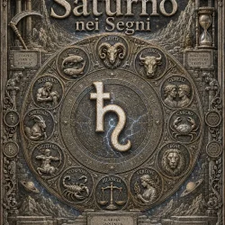 Ruota zodiacale illustrata di Saturno nei dodici segni, con i simboli astrologici e le parole chiave di ogni segno