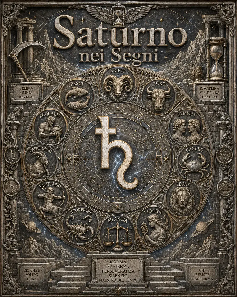 Ruota zodiacale illustrata di Saturno nei dodici segni, con i simboli astrologici e le parole chiave di ogni segno