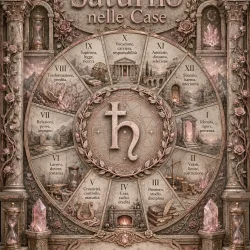 Ruota astrologica illustrata di Saturno nelle dodici case del tema natale, con i numeri romani e le parole chiave di ogni casa