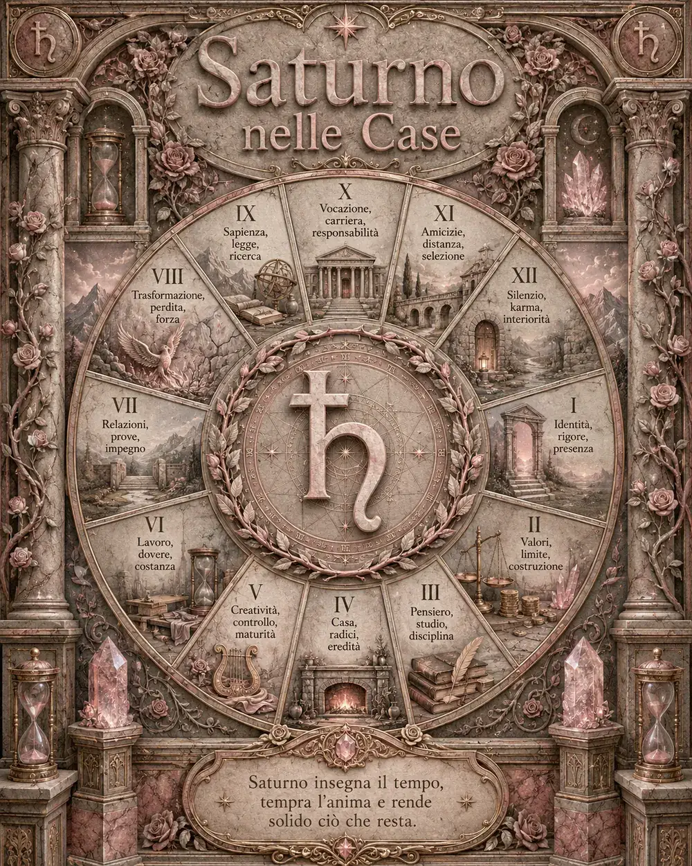 Ruota astrologica illustrata di Saturno nelle dodici case del tema natale, con i numeri romani e le parole chiave di ogni casa