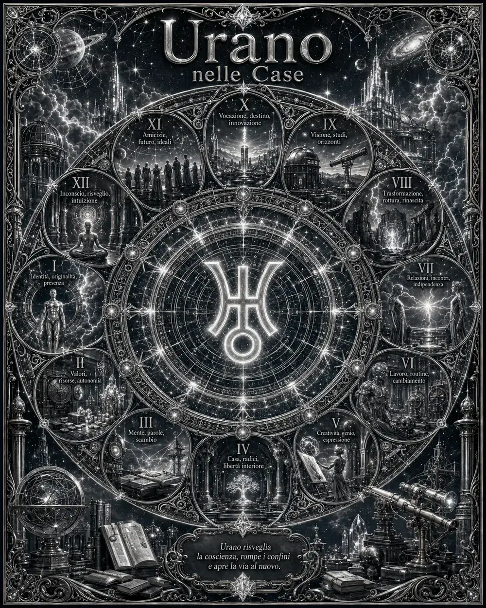 Ruota astrologica illustrata di Urano nelle dodici case del tema natale, con i numeri romani e le parole chiave di ogni casa