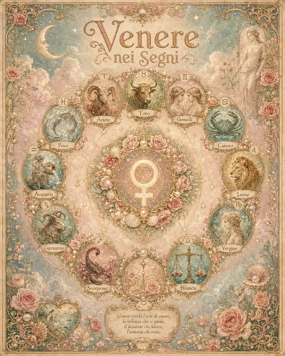 Ruota zodiacale illustrata di Venere nei dodici segni, con i simboli astrologici e le parole chiave di ogni segno