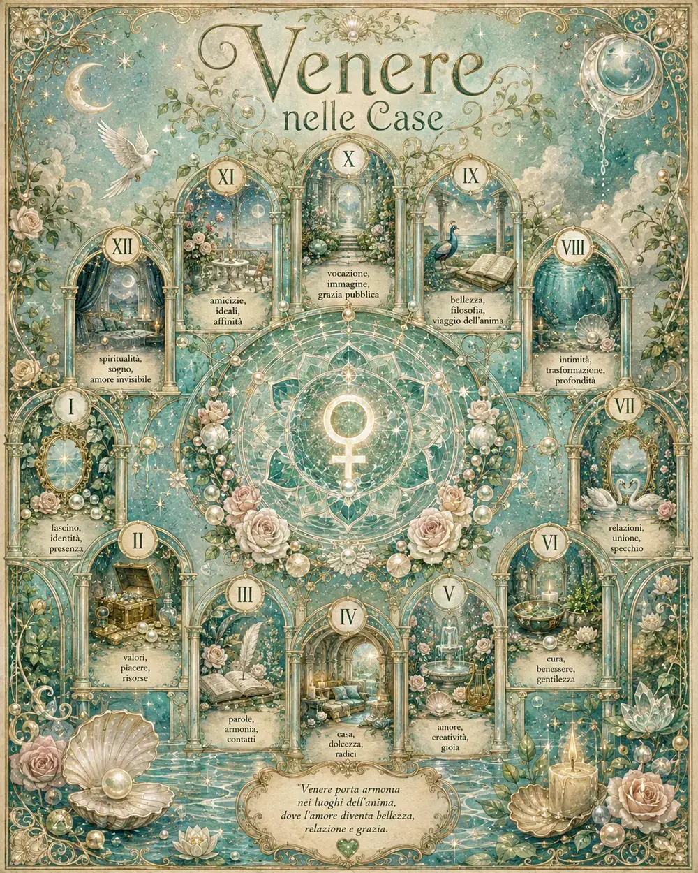 Ruota astrologica illustrata di Venere nelle dodici case del tema natale, con i numeri romani e le parole chiave di ogni casa