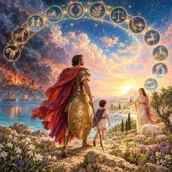 Enea con il figlio Ascanio e lo scudo inciso davanti a Troia in fiamme, sotto un arco di dodici medaglioni zodiacali