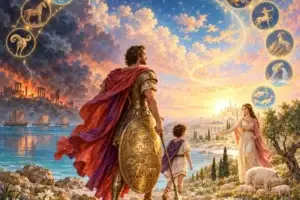 Enea con il figlio Ascanio e lo scudo inciso davanti a Troia in fiamme, sotto un arco di dodici medaglioni zodiacali