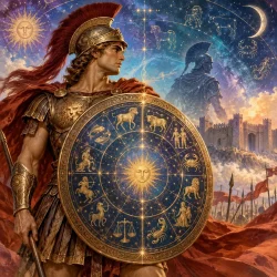 Achille in armatura con lo scudo decorato dalla ruota zodiacale e dal sole al centro, davanti alle mura di Troia