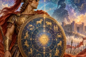 Achille in armatura con lo scudo decorato dalla ruota zodiacale e dal sole al centro, davanti alle mura di Troia