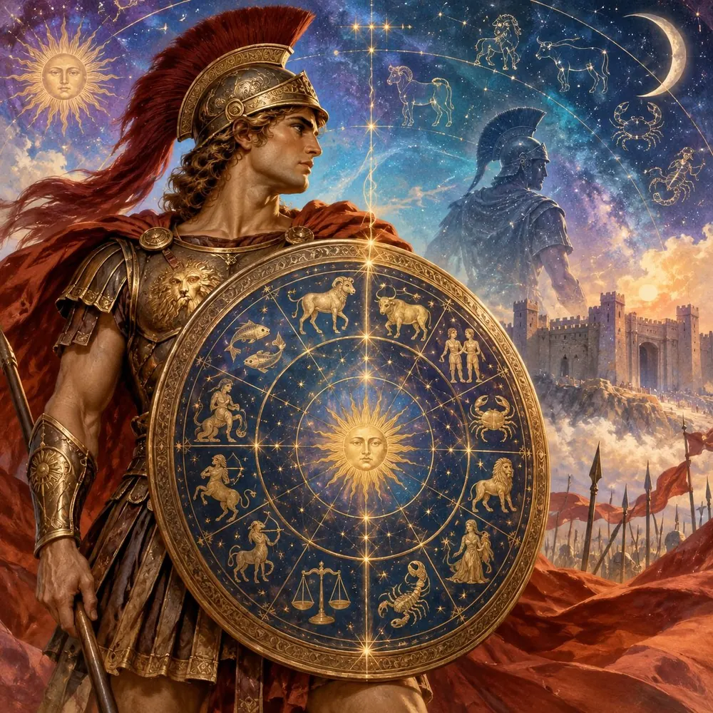 Achille in armatura con lo scudo decorato dalla ruota zodiacale e dal sole al centro, davanti alle mura di Troia