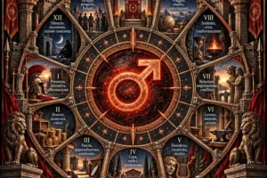 Ruota astrologica illustrata di Marte nelle dodici case del tema natale, con i numeri romani e le parole chiave di ogni casa