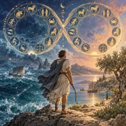 Ulisse con l’arco sulla costa rocciosa di Itaca, sormontato da una doppia ruota zodiacale a forma di otto con i dodici segni