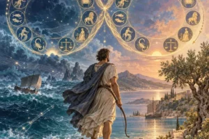 Ulisse con l’arco sulla costa rocciosa di Itaca, sormontato da una doppia ruota zodiacale a forma di otto con i dodici segni